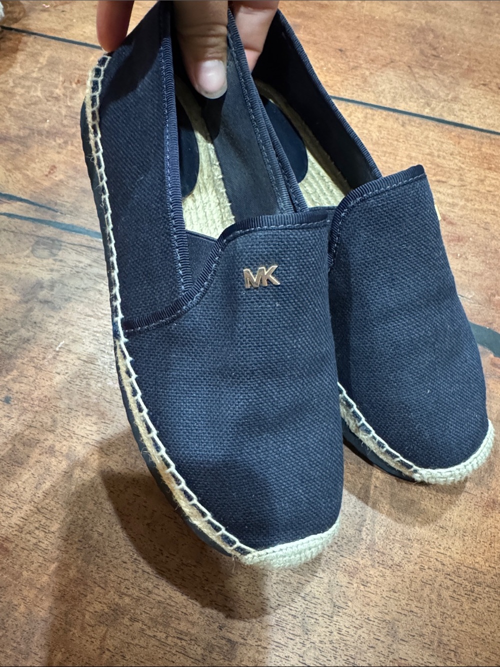 Michael Kors Navy Canvas Espadrille Slip-Ons with Gold MK Accent